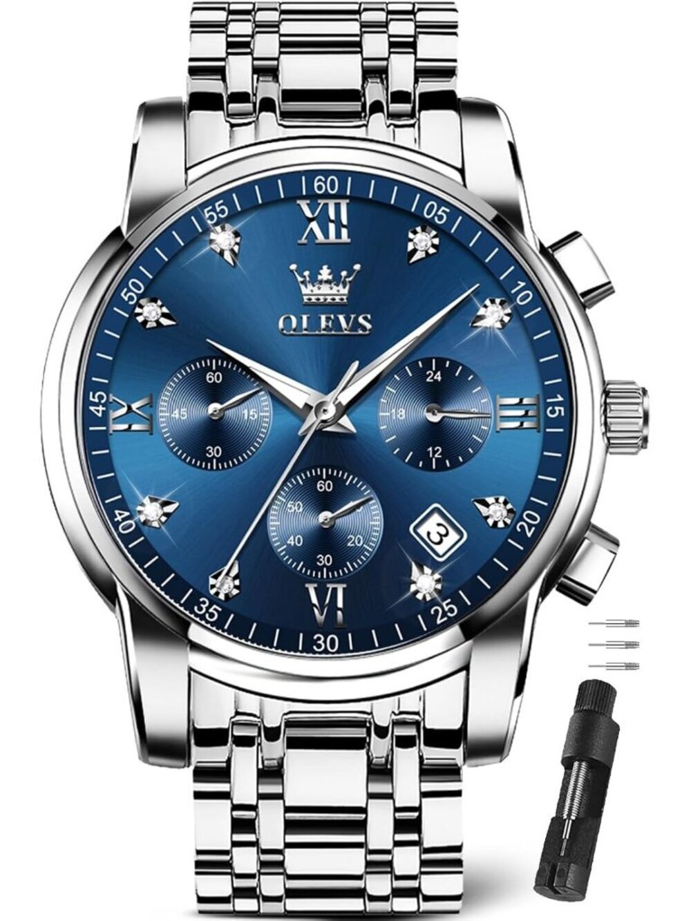 Men's Silver/Blue Luxury Stainless Steel Waterproof Analog Dress Wrist Watch